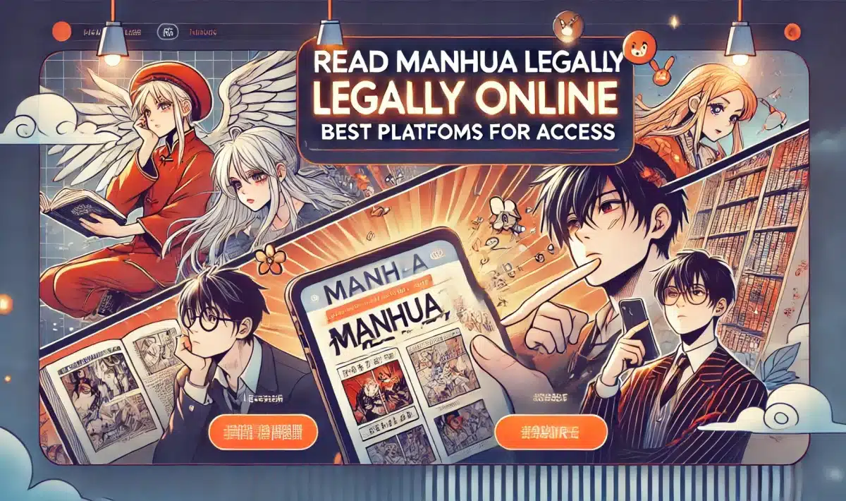 Banner promoting legal Manhua reading platforms online with comic panels and a digital device.