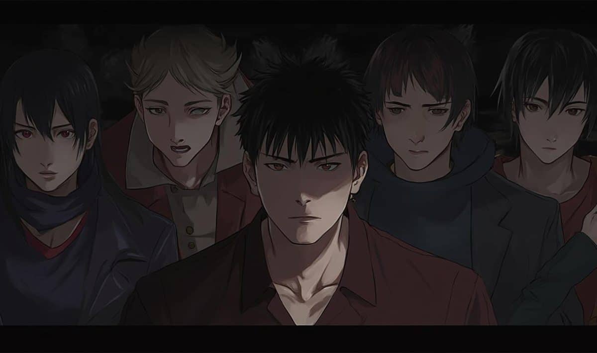 Portrait of a group of brooding, serious-looking anime characters in dark clothing
