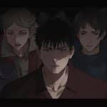 Portrait of a group of brooding, serious-looking anime characters in dark clothing