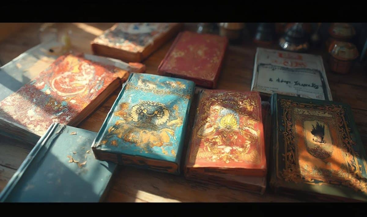 A collection of antique and ornate book covers with intricate gold, red, and blue designs.